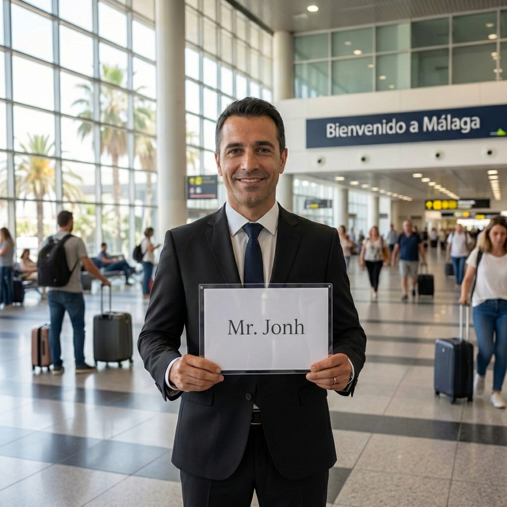 Conductor profesional con cartel de bienvenida en el Aeropuerto de Málaga